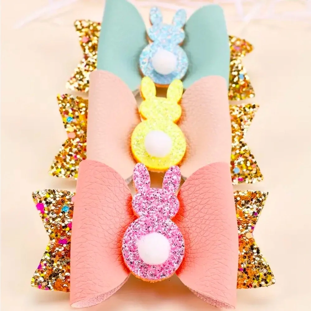 Glittering Easter Bunny Bow Hair Clip Set ~ 3 Pieces